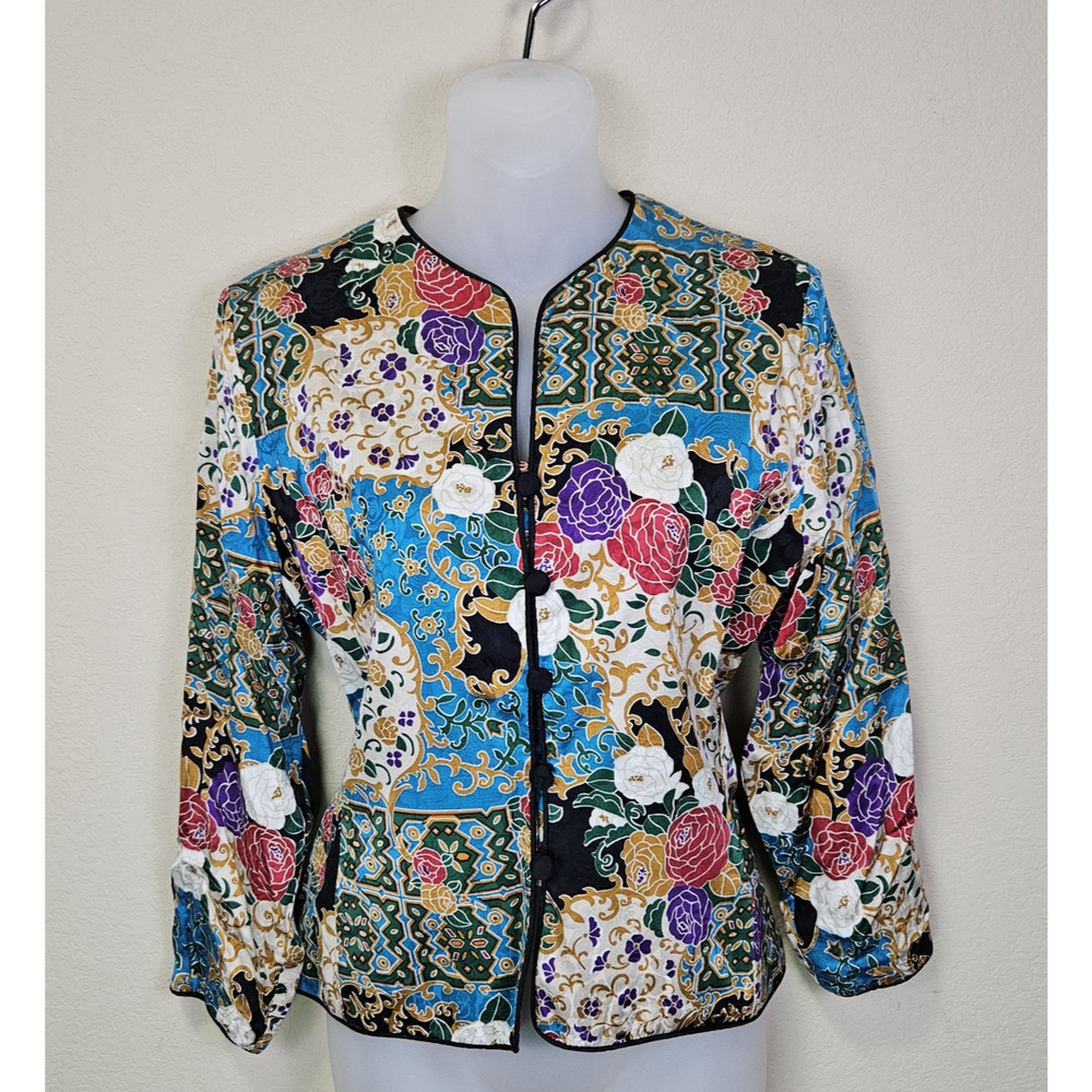 VTG 80s Adrianna Papell 100% Silk Jacket 8 Floral Vibrant Formal Blazer Colorful